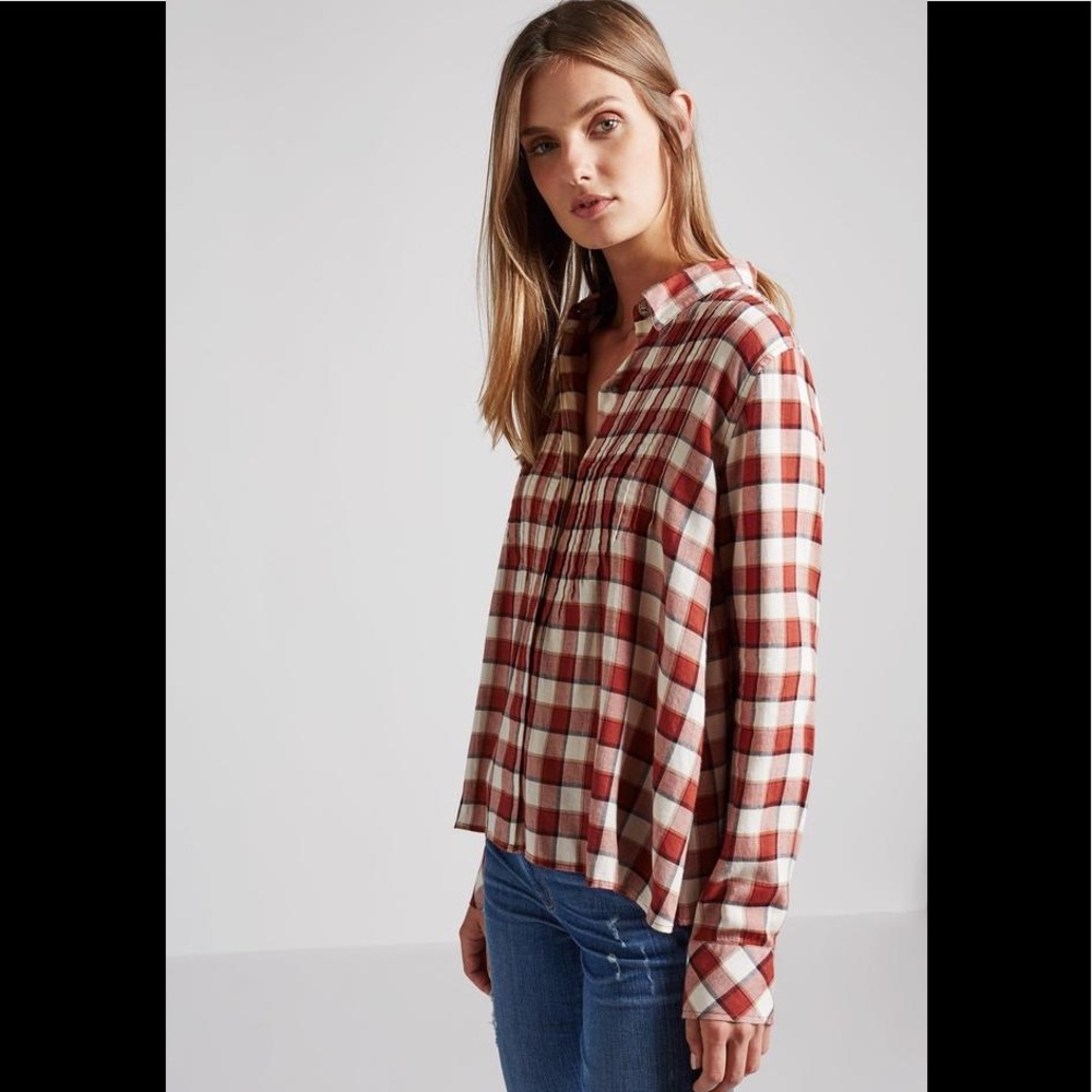 Current/Elliott The Lucy Tuck plaid peasant Blouse